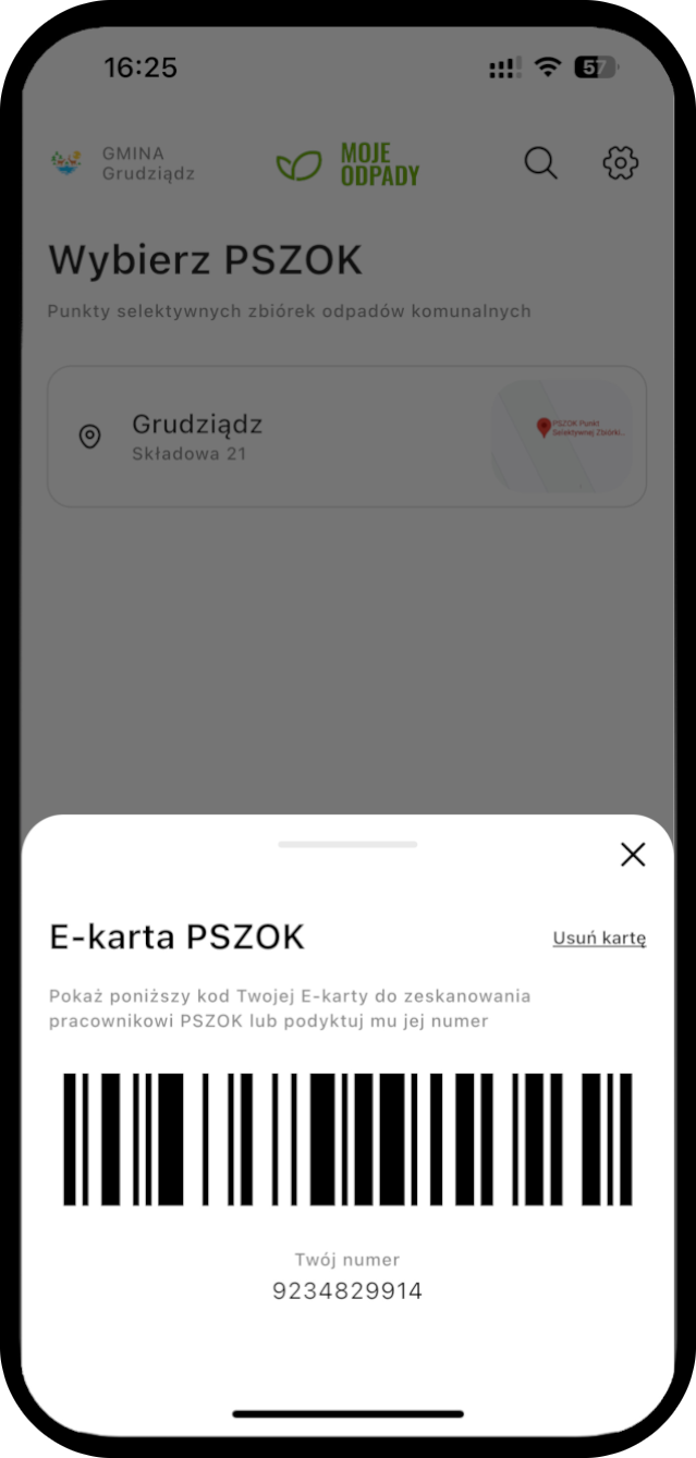 Ekran aplikacji PSZOK w Moje Odpady